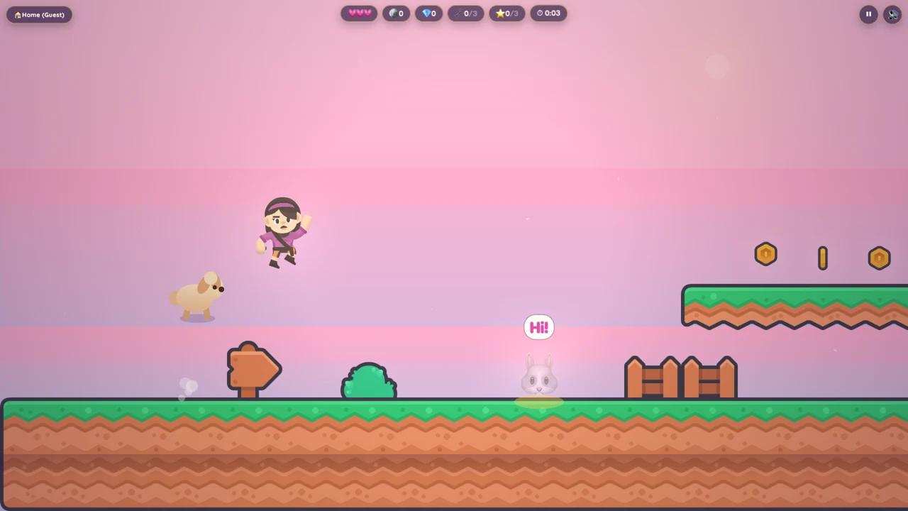 Anya and Eevee jumping across colourful platforms and collecting gold coins.