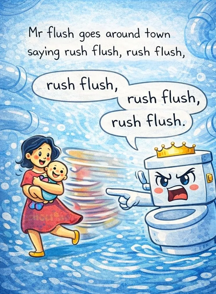 Mr Flush goes around town saying rush flush.